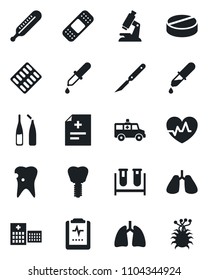 Set of vector isolated black icon - heart pulse vector, diagnosis, blood test vial, dropper, thermometer, microscope, pills, blister, ampoule, scalpel, patch, ambulance car, lungs, caries, implant