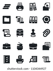 Set of vector isolated black icon - stamp vector, contract, office binder, document search, printer, folder, case, paper clip, checklist, tray, archive box, copier, estate