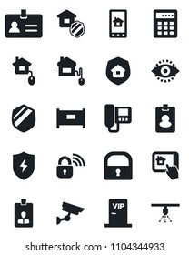 Set of vector isolated black icon - fence vector, identity, card, shield, protect, lock, eye id, estate insurance, vip zone, home control, wireless, intercome, app, combination, pass, surveillance