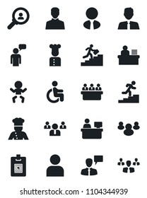 Set of vector isolated black icon - baby vector, speaking man, team, meeting, manager place, disabled, group, user, identity card, desk, career ladder, estate agent, cook, consumer search
