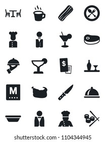 Set of vector isolated black icon - spoon and fork vector, cafe, coffee, waiter, cook, dish, alcohol, menu, cocktail, bacon, restaurant receipt, chicken, steak, bowl, knife, sushi