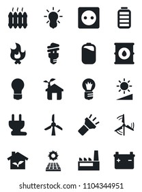 Set of vector isolated black icon - bulb vector, fire, oil barrel, battery, torch, brightness, sun panel, windmill, heater, factory, eco house, socket, power plug, energy saving