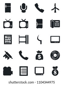 Set of vector isolated black icon - abacus vector, money bag, sickle, film frame, vinyl, tv, video camera, microphone, call, office phone, rolling pin, fridge, windmill
