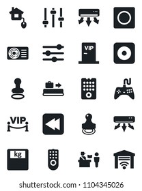 Set of vector isolated black icon - baggage conveyor vector, passport control, stamp, scales, gamepad, rewind, rec button, tuning, record, air conditioner, vip zone, home, remote, garage gate
