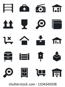 Set of vector isolated black icon - bird house vector, doctor case, container, fragile, cargo, warehouse storage, up side sign, no trolley, package, search, rack, radio, blank box, archive