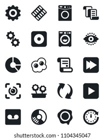 Set of vector isolated black icon - gear vector, contract, circle chart, stamp, pills blister, play button, fast forward, rec, update, record, eye id, washer, flower in pot, omelette, clock