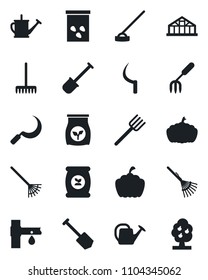 Set of vector isolated black icon - job vector, garden fork, shovel, farm, rake, watering can, hoe, sickle, pumpkin, greenhouse, seeds, fertilizer, drip irrigation, fruit tree