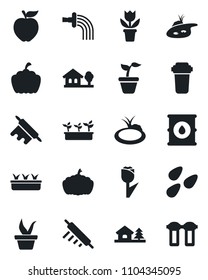 Set of vector isolated black icon - flower in pot vector, seedling, watering, pumpkin, seeds, pond, tulip, oil barrel, house with tree, rolling pin, apple fruit, water filter