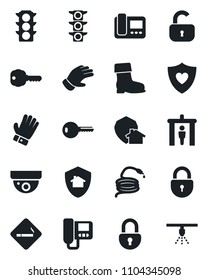 Set of vector isolated black icon - security gate vector, smoking place, lock, glove, boot, hose, heart shield, traffic light, key, intercome, home protect, surveillance, sprinkler