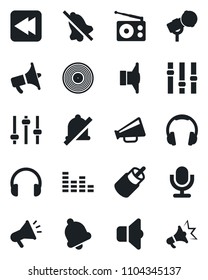 Set of vector isolated black icon - vinyl vector, microphone, radio, speaker, loudspeaker, settings, equalizer, headphones, rewind, rca, tuning, bell, mute, sound, advertising