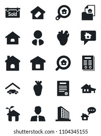 Set of vector isolated black icon - office building vector, house, real heart, contract, with garage, estate document, sold signboard, search, agent, smart home, eco, message