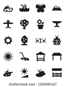 Set of vector isolated black icon - cafe vector, sun, flower in pot, lawn mower, butterfly, lady bug, pond, brightness, pool, fruit tree, mountains, table, restaurant, alcove