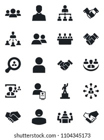 Set of vector isolated black icon - handshake vector, hierarchy, pedestal, patient, group, user, company, hr, meeting, client search