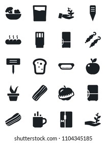 Set of vector isolated black icon - hot cup vector, seedling, plant label, diet, fridge, drink, salad, bacon, bread, kebab, dog, apple fruit, palm sproute