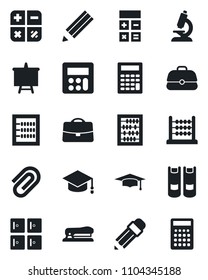 Set of vector isolated black icon - checkroom vector, book, calculator, graduate, abacus, presentation board, microscope, case, paper clip, pencil, stapler