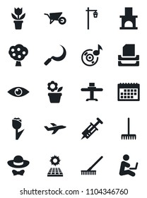 Set of vector isolated black icon - flower in pot vector, rake, wheelbarrow, sickle, garden light, fireplace, syringe, eye, plane, tulip, music, calendar, paper tray, sun panel, fruit tree