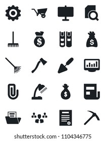 Set of vector isolated black icon - gear vector, money bag, trowel, rake, wheelbarrow, axe, monitor statistics, presentation board, paper clip, news, document folder, search, desk lamp, contract