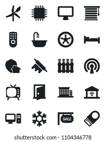 Set of vector isolated black icon - bed vector, tv, monitor, sale, office building, bathroom, rolling pin, chip, fan, remote control, wireless, snowflake, pc, radiator, jalousie, garage gate, door