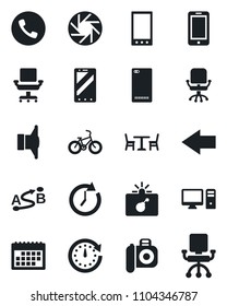 Set of vector isolated black icon - cafe vector, phone, bomb in case, left arrow, mobile, office chair, bike, route, camera, speaker, back, calendar, pc, clock