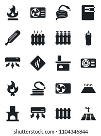 Set of vector isolated black icon - fire vector, hose, fireplace, thermometer, heater, air conditioner, candle, water, smoke detector, radiator, warm floor