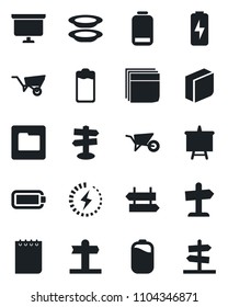 Set of vector isolated black icon - signpost vector, notepad, presentation board, wheelbarrow, battery, low, folder, charge, blank box, plates, guidepost
