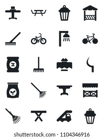 Set of vector isolated black icon - ladder car vector, rake, sickle, garden light, picnic table, fertilizer, bike, restaurant, alcove, outdoor lamp