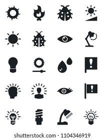 Set of vector isolated black icon - bulb vector, lady bug, fire, sun, eye, important flag, brightness, desk lamp, water, energy saving, shining head, idea