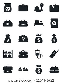 Set of vector isolated black icon - suitcase vector, baggage conveyor, larry, luggage storage, scales, case, money bag, fertilizer, doctor, dropper