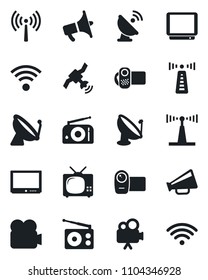 Set of vector isolated black icon - antenna vector, satellite, radio, loudspeaker, tv, video camera, wireless