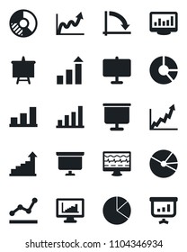 Set of vector isolated black icon - growth statistic vector, presentation board, crisis graph, circle chart, monitor pulse, statistics, bar, pie, point