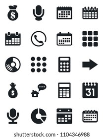 Set of vector isolated black icon - right arrow vector, calendar, circle chart, microphone, menu, calculator, phone, home message, money bag