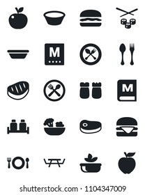 Set of vector isolated black icon - spoon and fork vector, picnic table, cafe, menu, salad, salt pepper, steak, hamburger, bowl, sushi, apple fruit