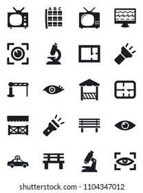 Set of vector isolated black icon - barrier vector, alarm car, seat map, bench, monitor pulse, microscope, eye, torch, plan, tv, alcove, scan