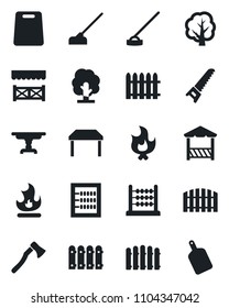 Set of vector isolated black icon - fence vector, tree, saw, fire, hoe, axe, abacus, table, alcove, cutting board