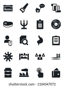 Set of vector isolated black icon - contract vector, team, factory, saw, stomach, patient, virus, clipboard, rack, vinyl, touch screen, archive chest, document search, identity card, pool, rooms