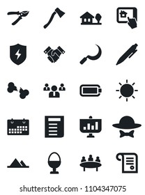 Set of vector isolated black icon - team vector, pen, document, meeting, pruner, sun, sickle, axe, broken bone, protect, battery, calendar, handshake, house with tree, mountains, egg stand, contract