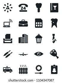 Set of vector isolated black icon - wireless notebook vector, plane, hierarchy, case, garden light, ambulance car, caries, implant, eye, 24 hours, sim, brightness, office building, tie, paper tray