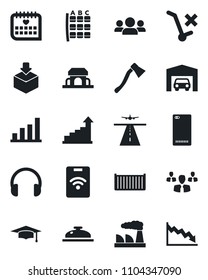 Set of vector isolated black icon - runway vector, seat map, growth statistic, graduate, factory, axe, medical calendar, cargo container, no trolley, package, headphones, phone back, bar graph