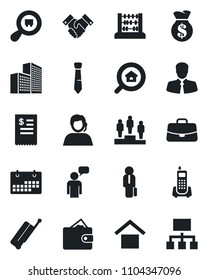Set of vector isolated black icon - suitcase vector, speaking man, case, pedestal, abacus, office phone, support, client, warehouse storage, search cargo, calendar, building, tie, handshake, manager