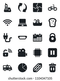 Set of vector isolated black icon - notebook pc vector, calendar, ambulance car, bike, heavy, radio phone, pause button, update, video, application, pie graph, pool, wireless, bread, hot dog, chip