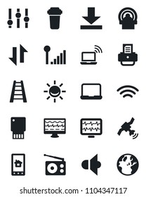 Set of vector isolated black icon - wireless notebook vector, printer, ladder, monitor pulse, tomography, radio, satellite, speaker, settings, data exchange, download, cellular signal, pc, usb flash