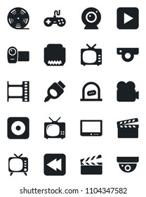 Set of vector isolated black icon - ticket office vector, clapboard, film frame, reel, tv, gamepad, video camera, play button, rewind, rec, hdmi, web, surveillance