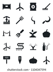 Set of vector isolated black icon - fence vector, garden fork, farm, rake, well, sickle, plant label, pumpkin, sprayer, fertilizer, drip irrigation, windmill