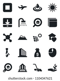 Set of vector isolated black icon - shower vector, sun, office building, mouse, money bag, lawn mower, molecule, plane, stop button, download, blank box, tie, panel, mountains, estate search, water