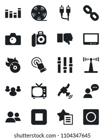Set of vector isolated black icon - tv vector, camera, reel, flame disk, antenna, satellite, settings, equalizer, touch screen, speaker, chain, group, finger down, favorites list, stop button, rca