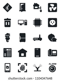 Set of vector isolated black icon - phone back vector, smart home, control, chip, socket, fingerprint, fan, irrigation, router, intercome, pc, app, smoke detector, energy saving bulb, protect, door