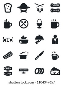 Set of vector isolated black icon - hot cup vector, cafe, coffee, waiter, reserved, salad, plates, bacon, egg stand, bread, dress code, open close, knife, steaming pan, sushi, cheese