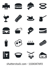 Set of vector isolated black icon - restaurant table vector, wine card, cocktail, plates, bacon, waiter, bread, candle, credit, chicken, hamburger, bowl, steaming pan, turkish coffee, sushi, cheese