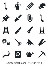 Set of vector isolated black icon - document search vector, pencil, trowel, rake, ladder, watering can, glove, saw, sickle, garden knife, sprayer, blood pressure, drawing pin, paper clip, stapler
