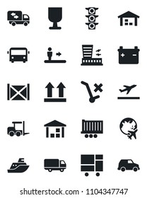 Set of vector isolated black icon - departure vector, airport bus, escalator, fork loader, plane globe, building, traffic light, sea shipping, truck trailer, car delivery, container, fragile, moving